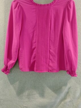 CeCe Hot Pink Pintuck Ruffle-Neck Blouse